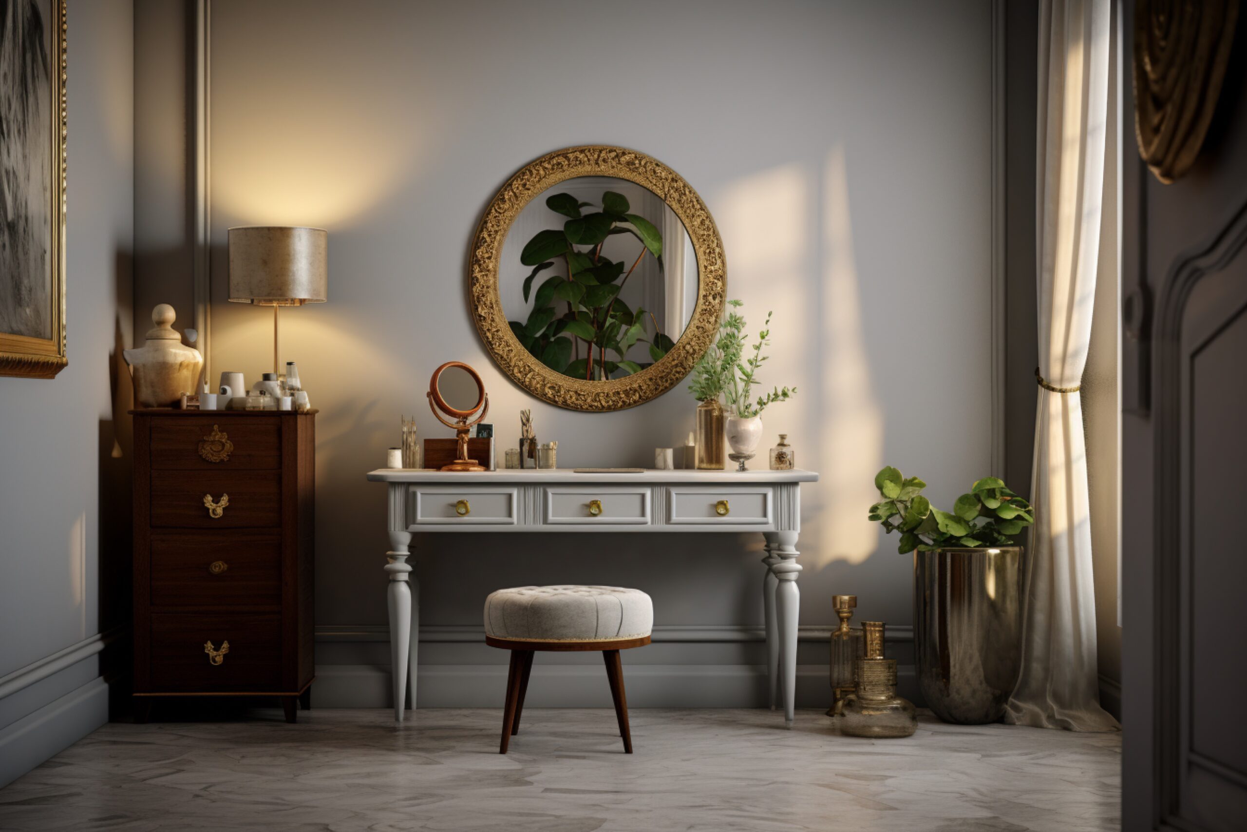 Classic console table and mirror furniture, interior design luxurious room